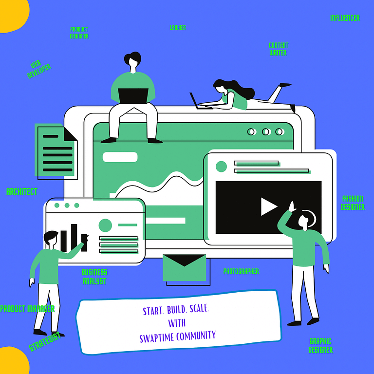 An illustration of some creatives working on a project and a list of skills available on swaptime