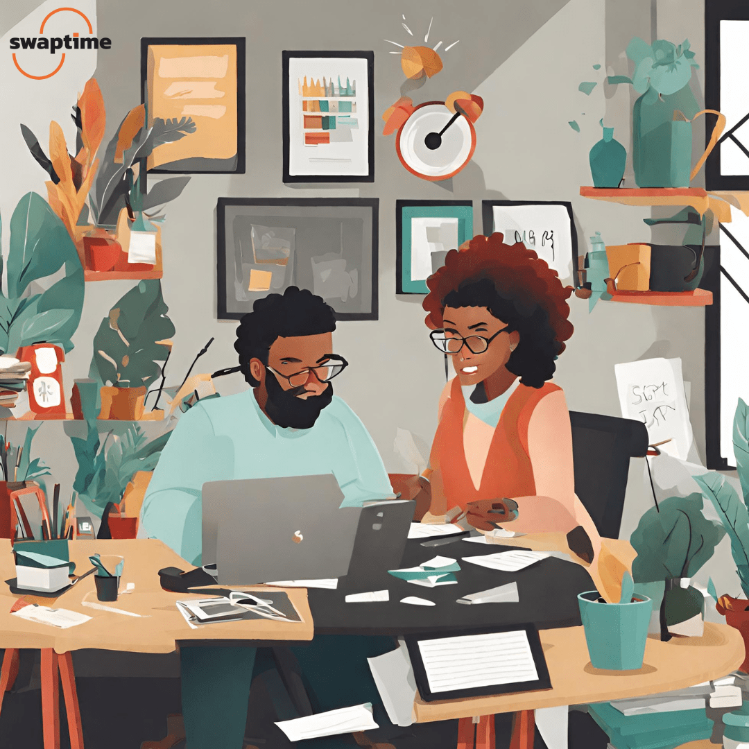Canva Magic AI Creator - a man and a woman creative illustration working in a studio on their laptops for Swaptime